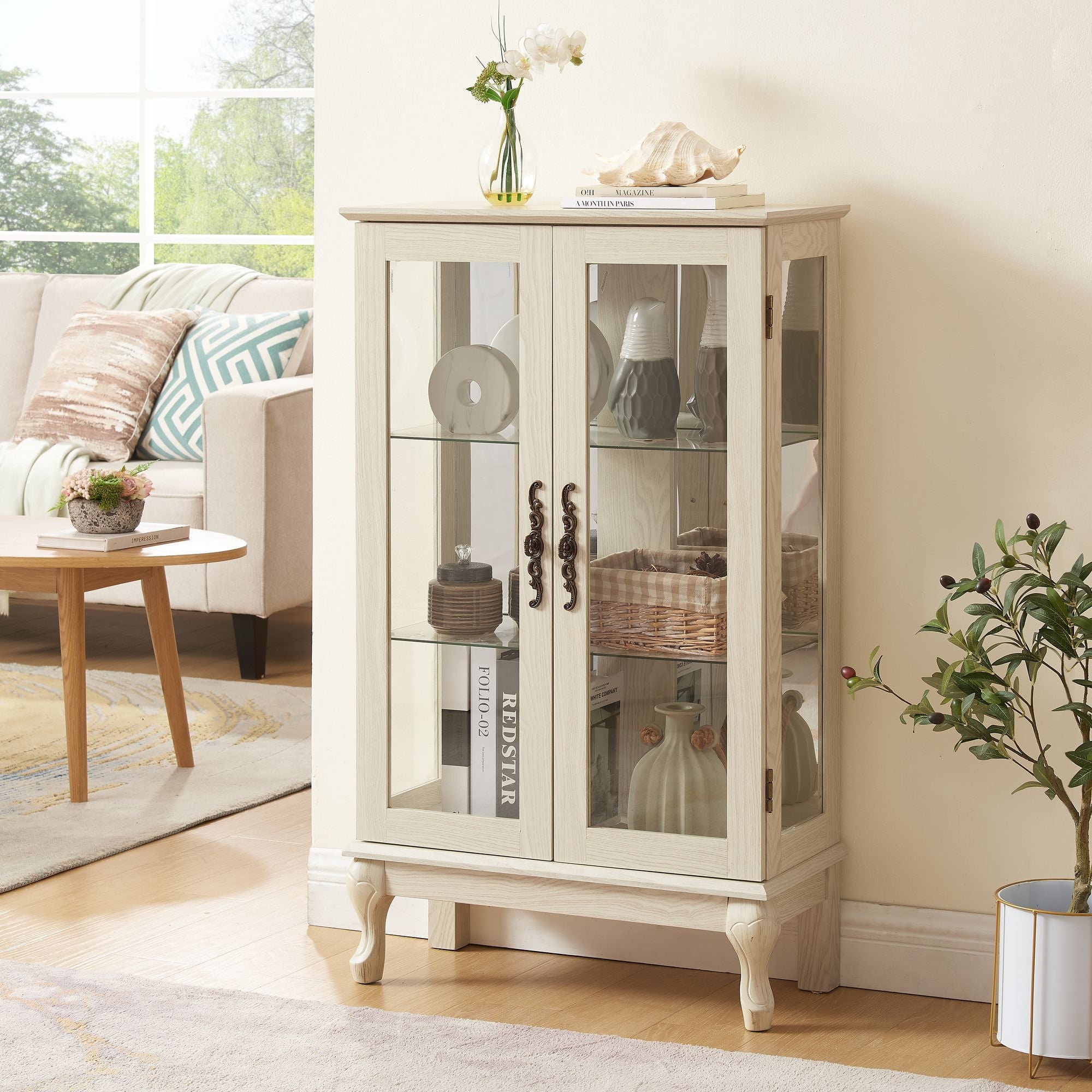 Lighted Two-Door Curio Cabinet with Adjustable Shelves