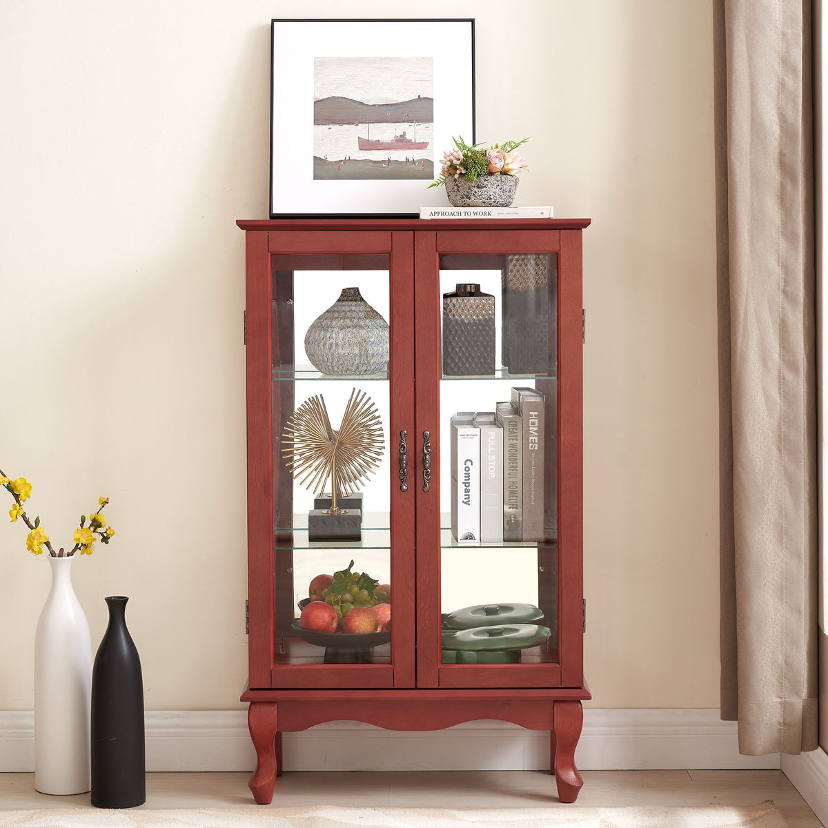 Cherry Curio Cabinet with Lighted Mirrored Display