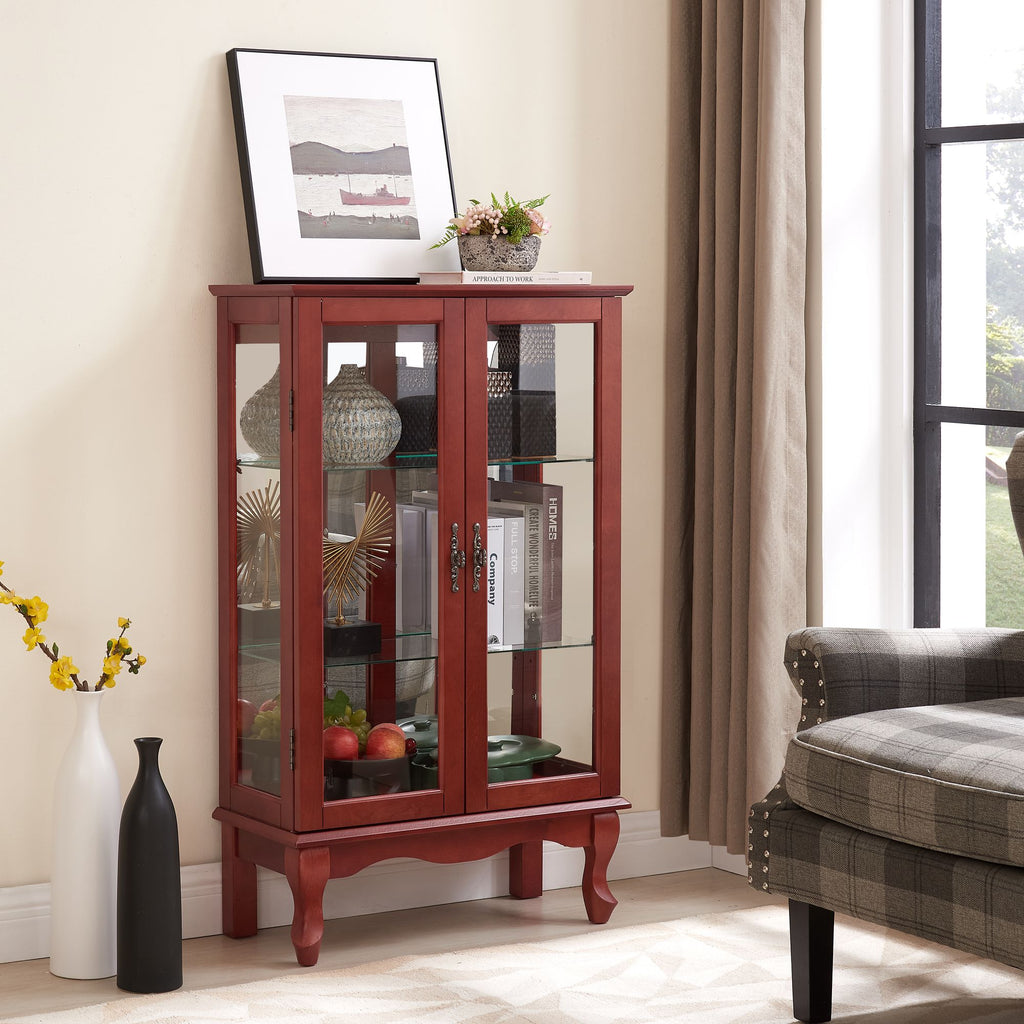 Cherry Curio Cabinet with Lighted Mirrored Display