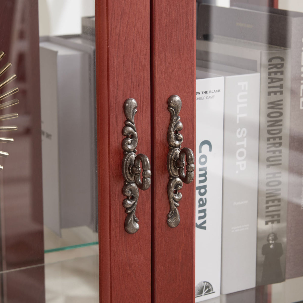 Cherry Curio Cabinet with Lighted Mirrored Display