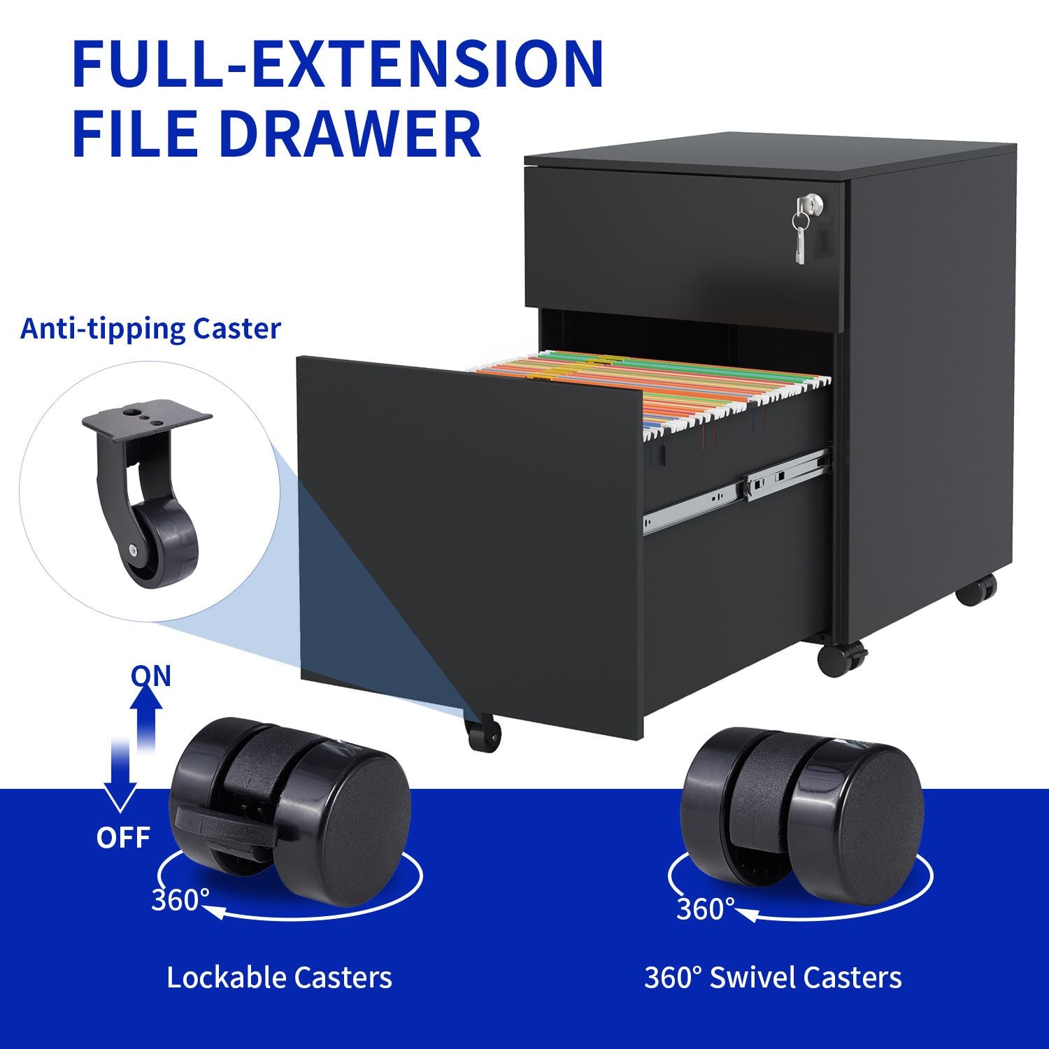 Rolling File Cabinet Organizer with Full-Extension Drawers for Home Office