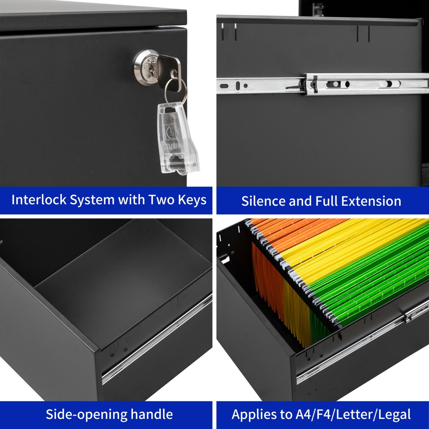 Rolling File Cabinet Organizer with Full-Extension Drawers for Home Office