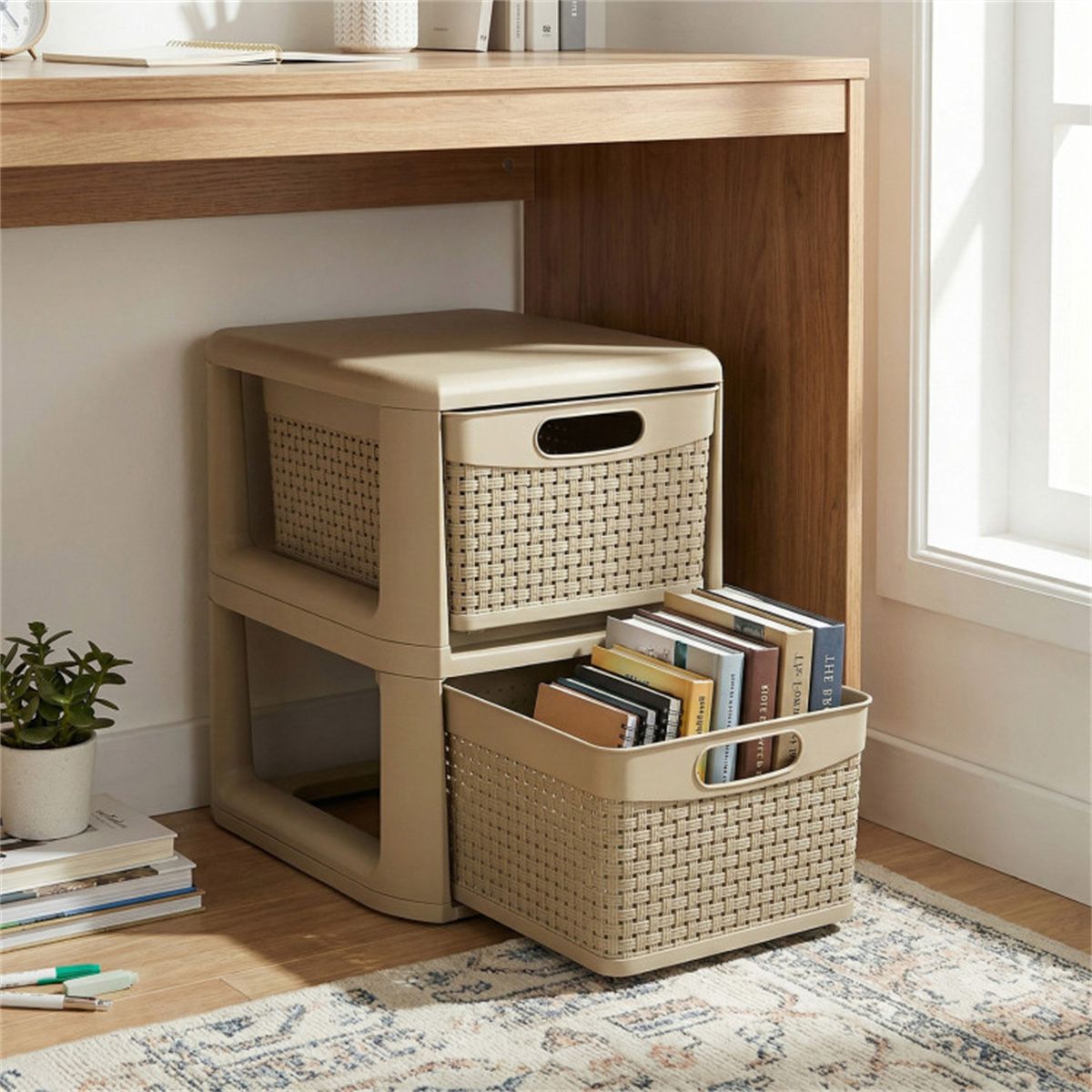 Slim Wicker-Style Two-Drawer Storage Organizer