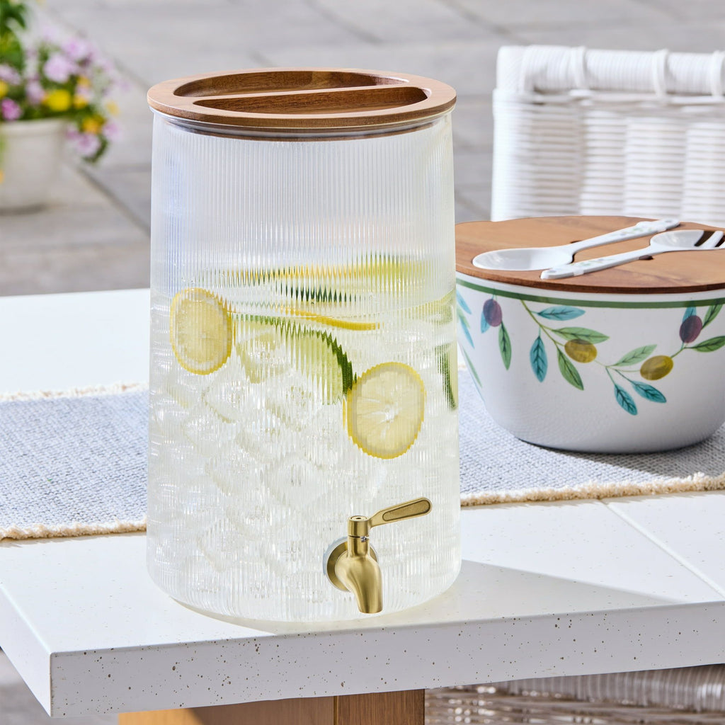 2-Gallon Clear Countertop Beverage Dispenser with Acacia Wood Lid
