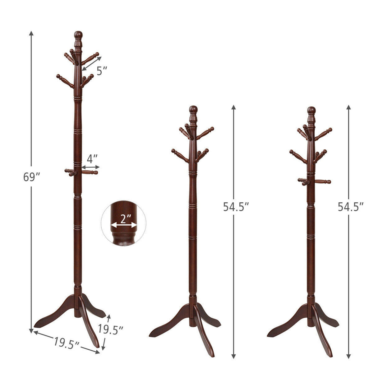 Wooden Coat Rack with 9 Hooks and Adjustable Height