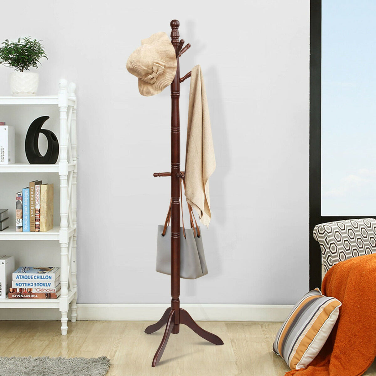Wooden Coat Rack with 9 Hooks and Adjustable Height
