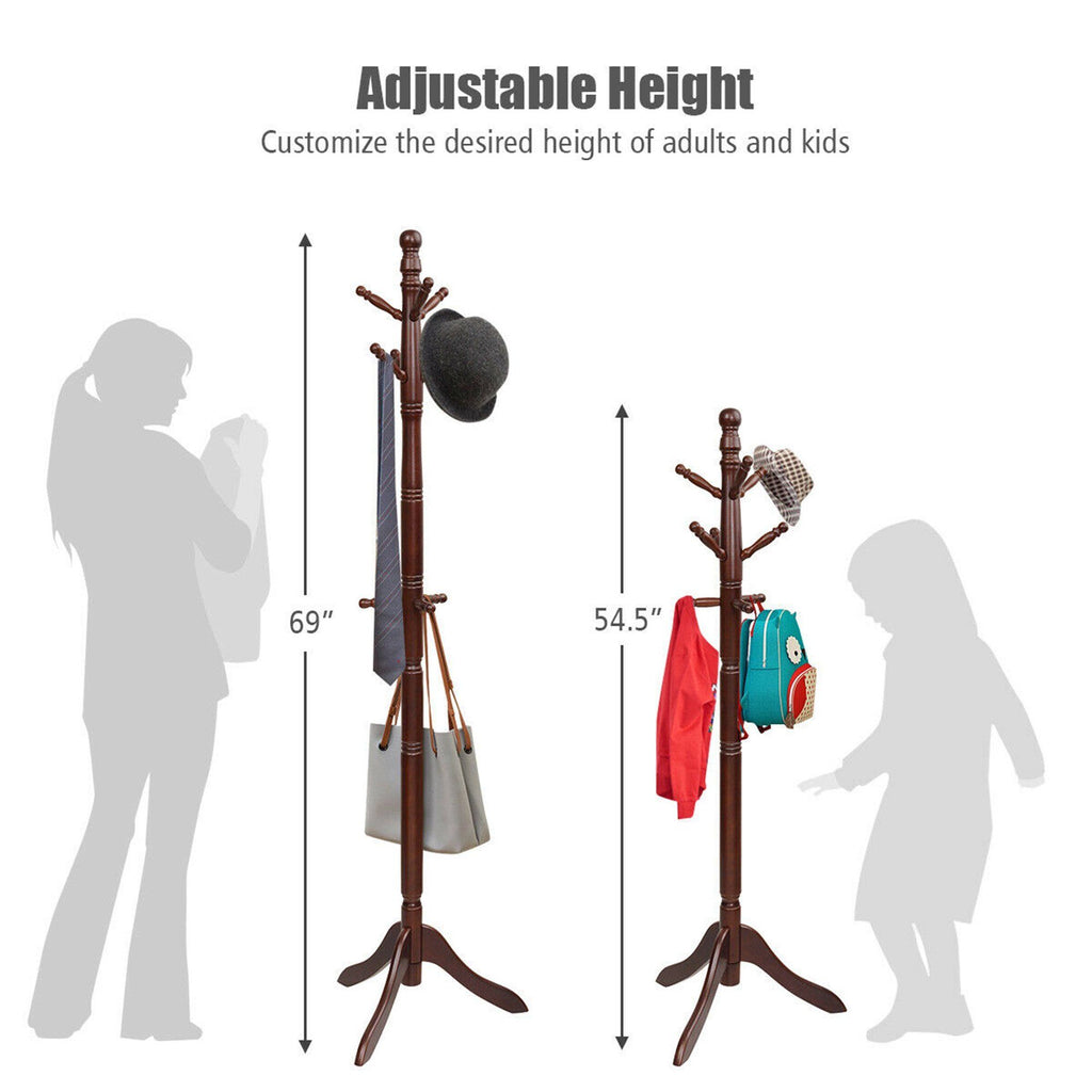 Wooden Coat Rack with 9 Hooks and Adjustable Height