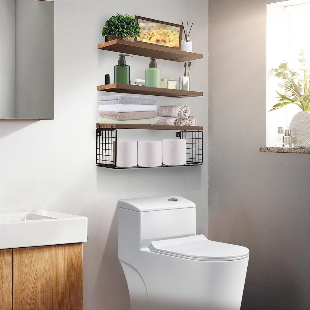 1 Floating Shelves Wall Mounted with Storage Basket Bathroom Shelves Over Toilet Wooden Shelves