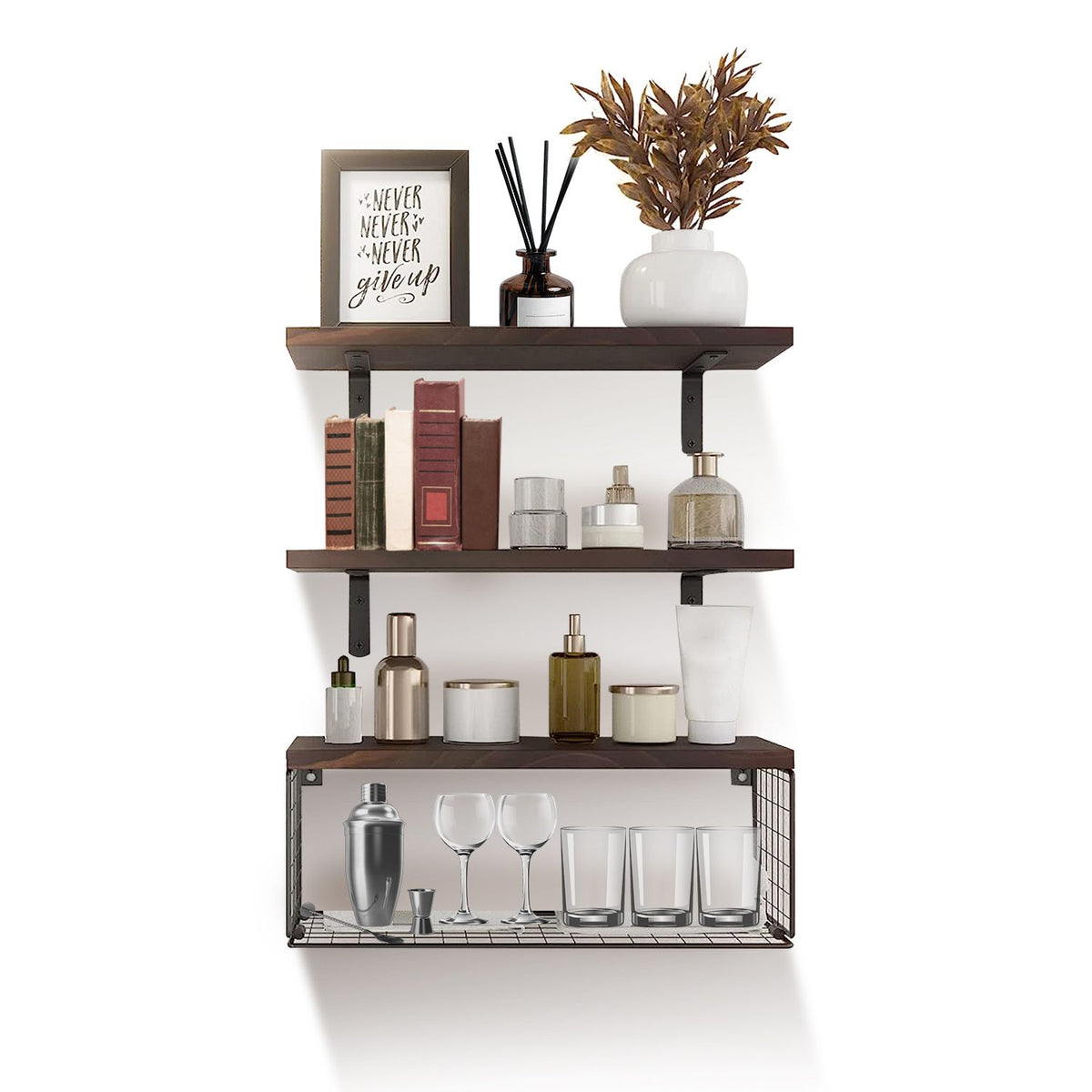 1 Floating Shelves Wall Mounted with Storage Basket Bathroom Shelves Over Toilet Wooden Shelves