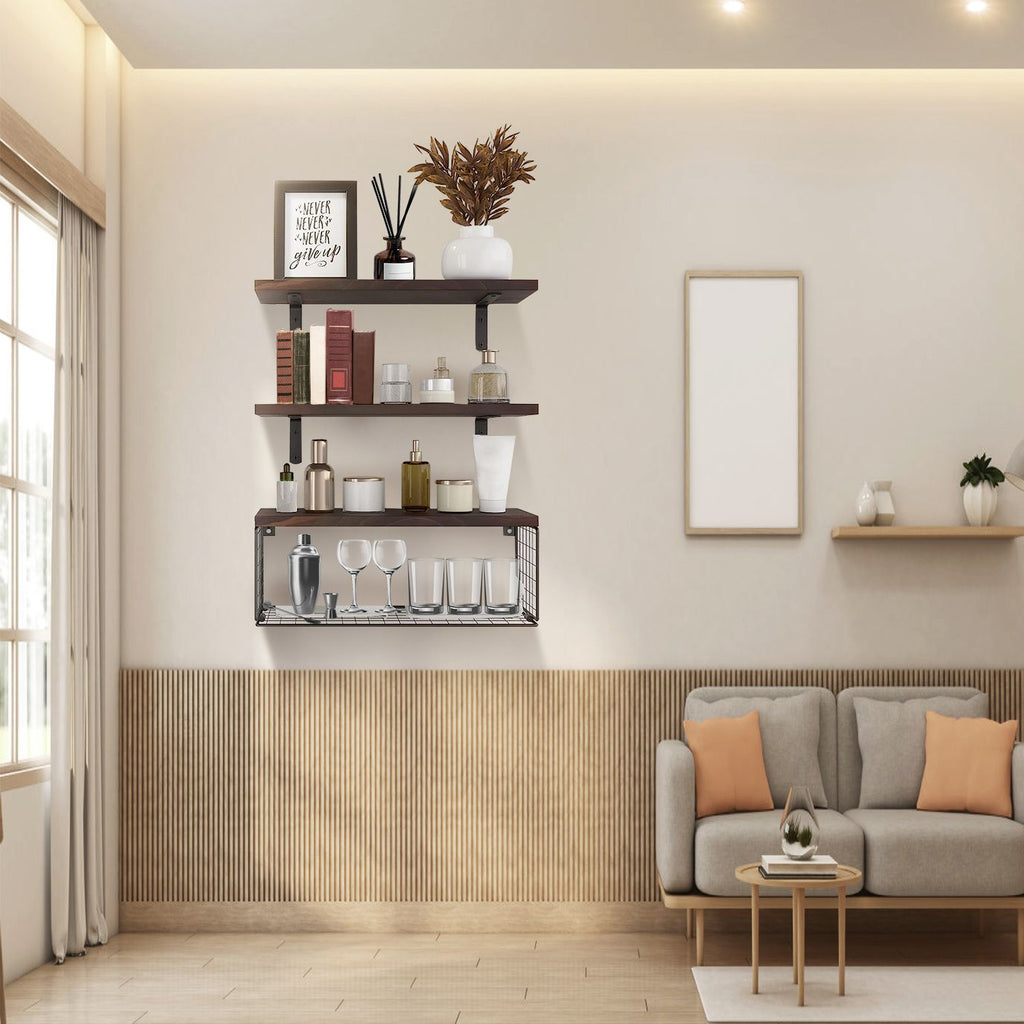 1 Floating Shelves Wall Mounted with Storage Basket Bathroom Shelves Over Toilet Wooden Shelves