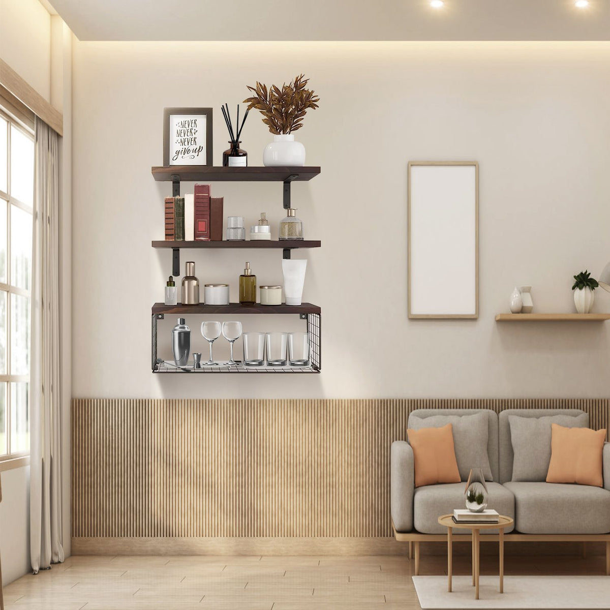 1 Floating Shelves Wall Mounted with Storage Basket Bathroom Shelves Over Toilet Wooden Shelves