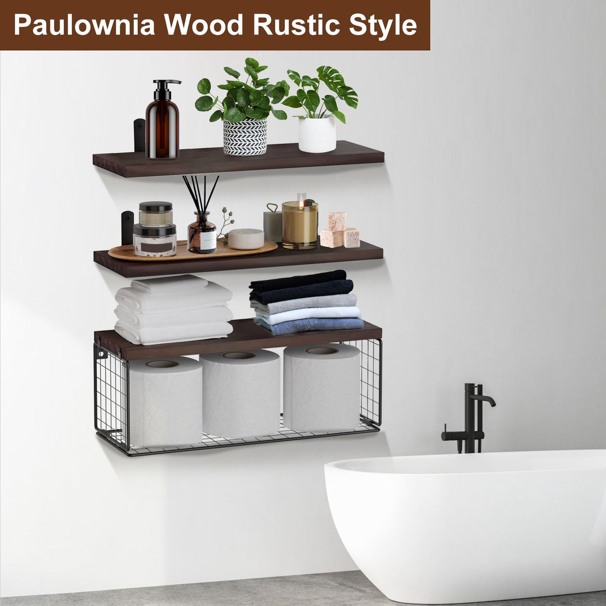 1 Floating Shelves Wall Mounted with Storage Basket Bathroom Shelves Over Toilet Wooden Shelves