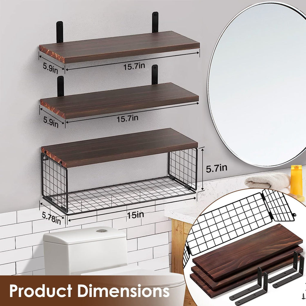 1 Floating Shelves Wall Mounted with Storage Basket Bathroom Shelves Over Toilet Wooden Shelves