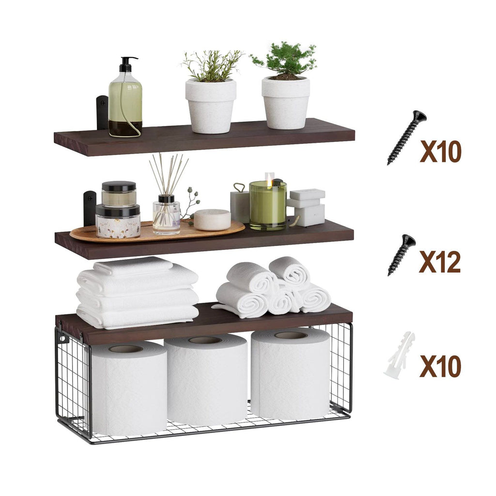 1 Floating Shelves Wall Mounted with Storage Basket Bathroom Shelves Over Toilet Wooden Shelves