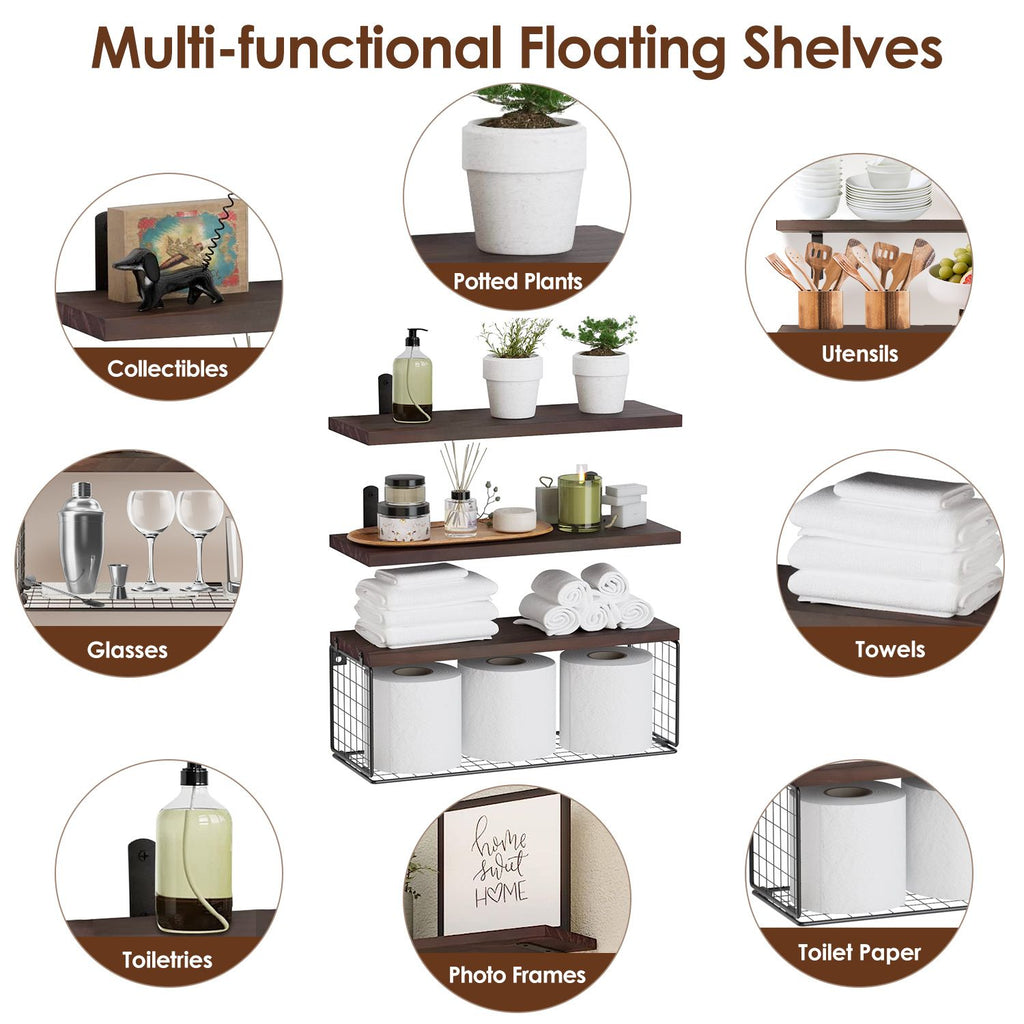 1 Floating Shelves Wall Mounted with Storage Basket Bathroom Shelves Over Toilet Wooden Shelves