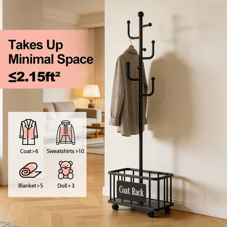Rolling Coat Rack with Hooks and Lower Basket