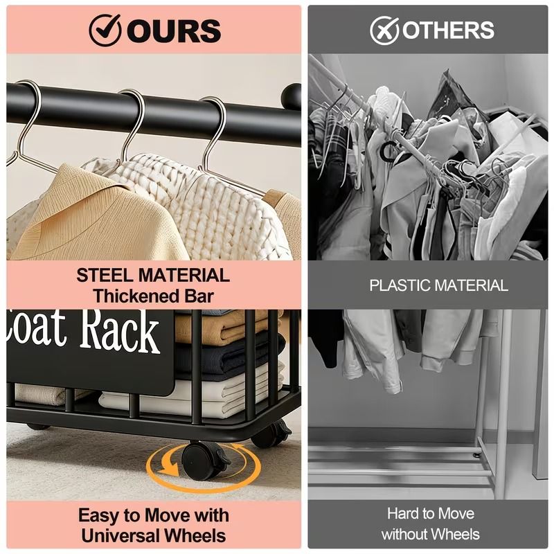 Rolling Coat Rack with Hooks and Lower Basket