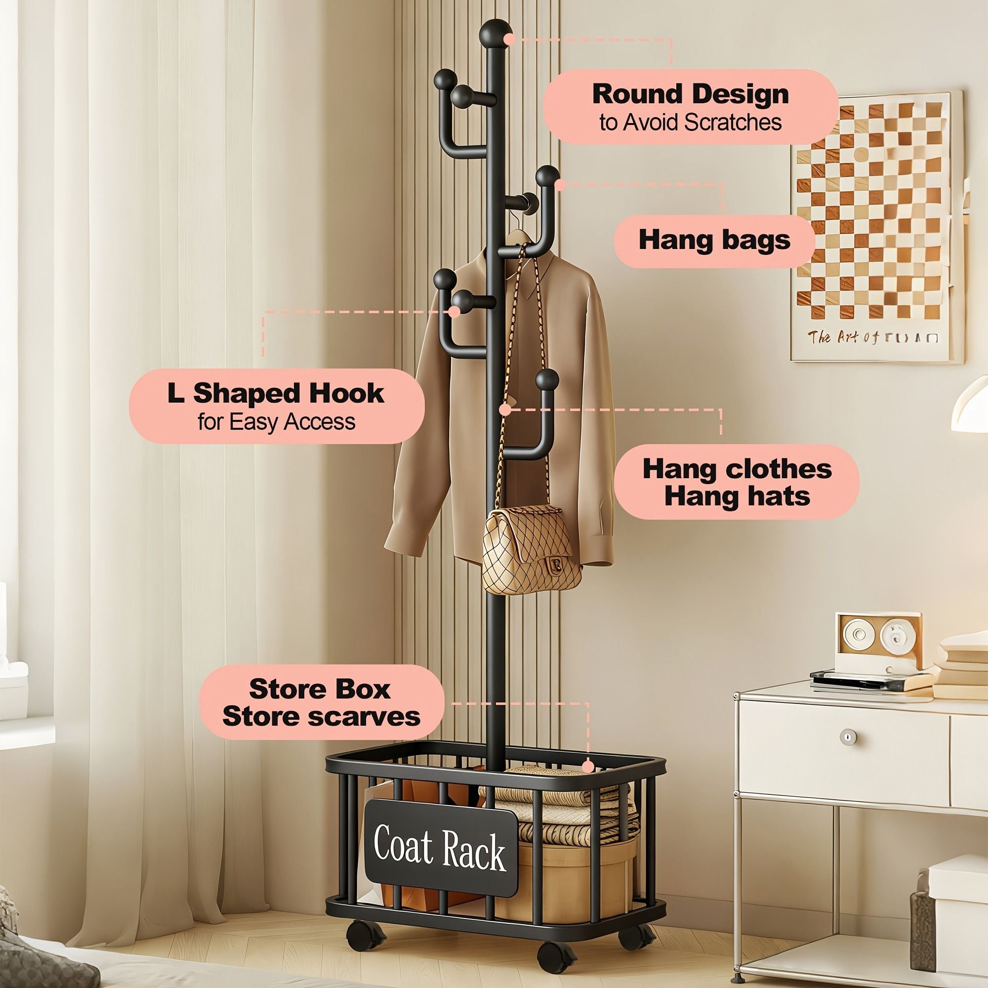 Rolling Coat Rack with Hooks and Lower Basket
