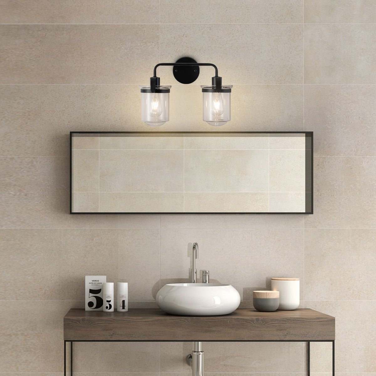 Modern Two-Light Wall Sconce with Clear Glass Shades