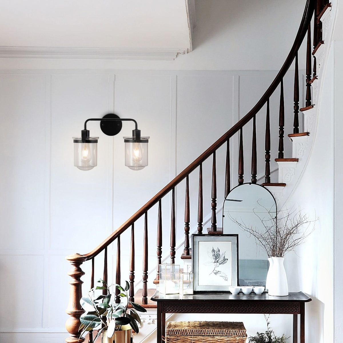 Modern Two-Light Wall Sconce with Clear Glass Shades