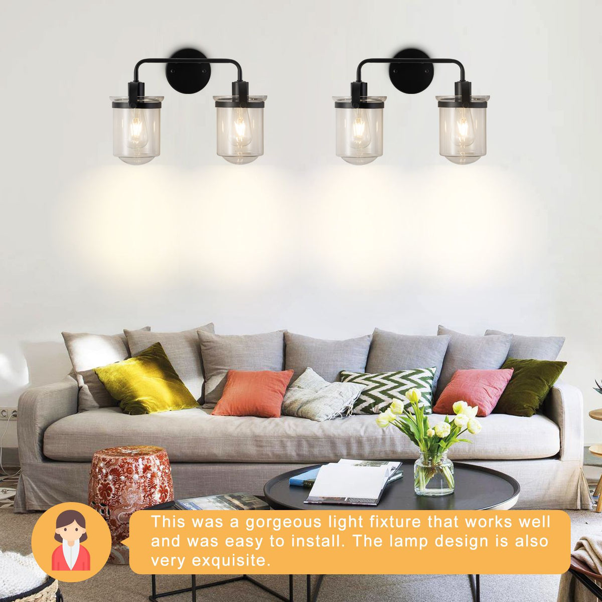 Modern Two-Light Wall Sconce with Clear Glass Shades