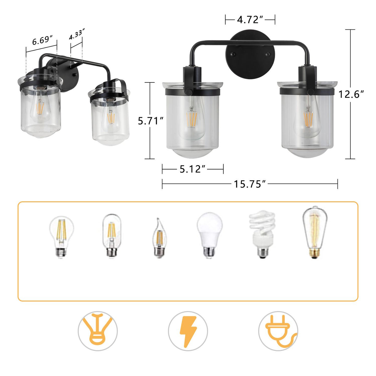Modern Two-Light Wall Sconce with Clear Glass Shades