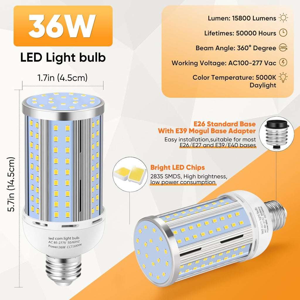 2 Pack 36W Fanless Corn LED Light Bulb - 320W Equivalent, 5000K Daylight, 5400 Lumens