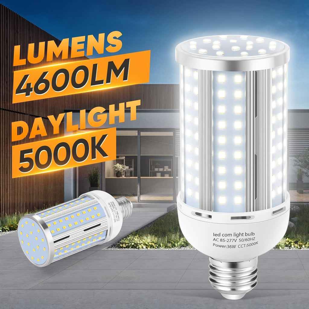 2 Pack 36W Fanless Corn LED Light Bulb - 320W Equivalent, 5000K Daylight, 5400 Lumens