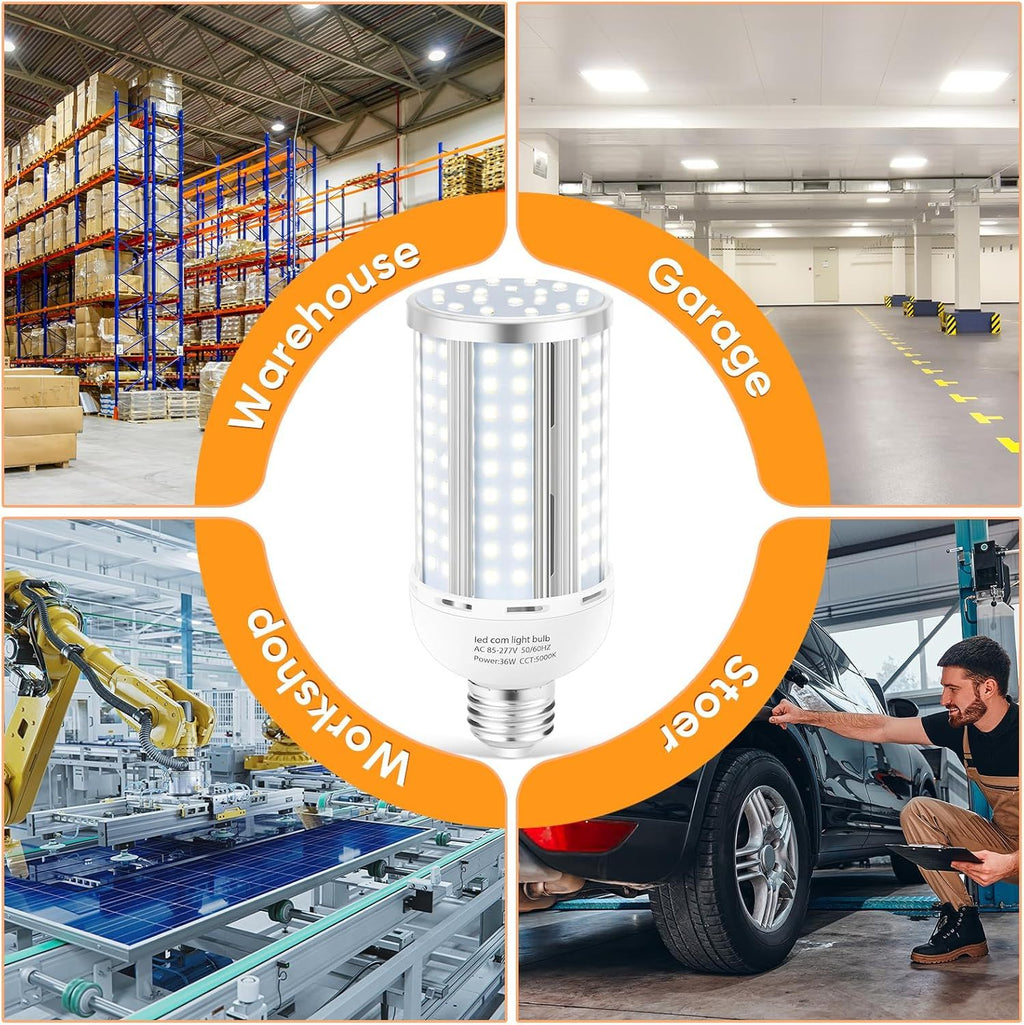 2 Pack 36W Fanless Corn LED Light Bulb - 320W Equivalent, 5000K Daylight, 5400 Lumens