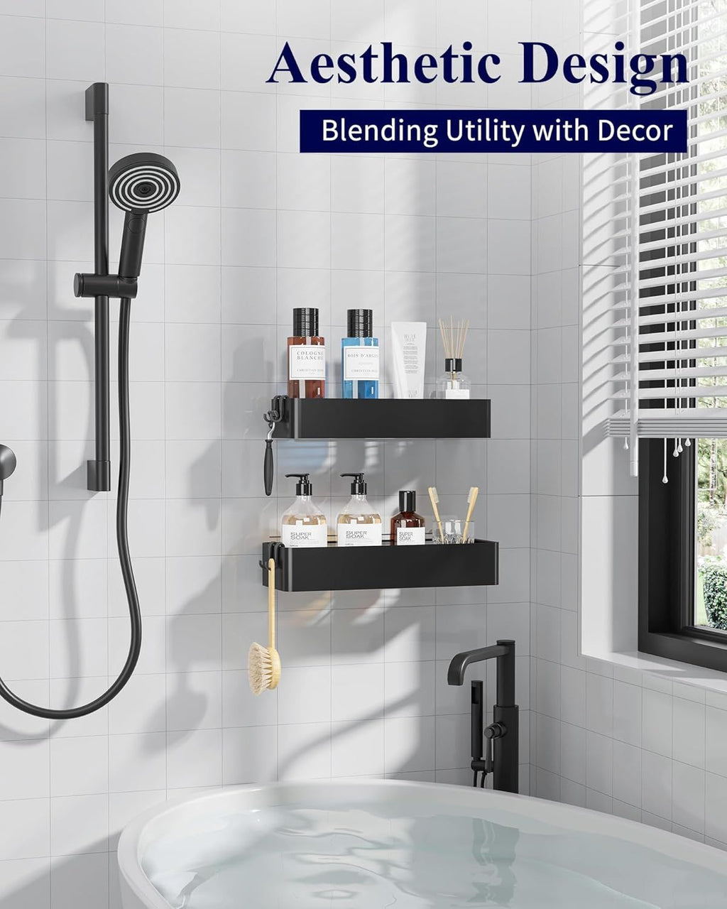 2-Pack Adhesive Shower Organizer – No-Drill Bathroom Storage Shelves, Black