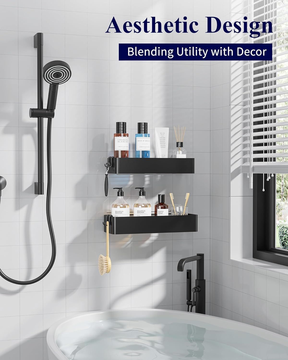 2-Pack Adhesive Shower Organizer – No-Drill Bathroom Storage Shelves, Black