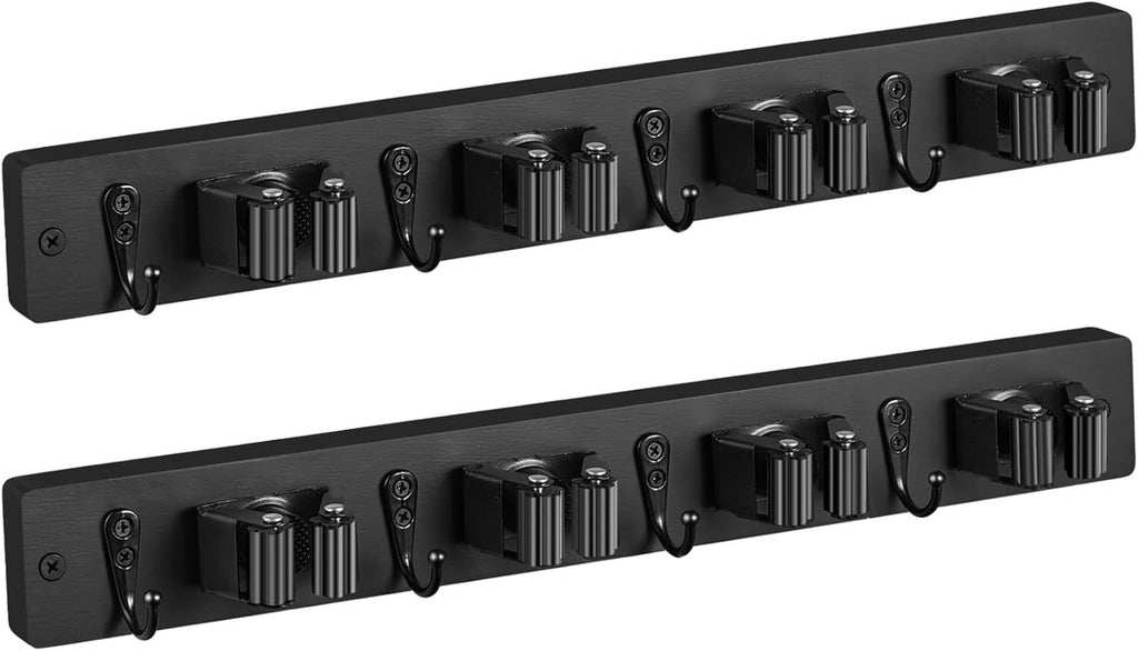 2-Pack Black Wall Mount Mop Broom Organizer with 4 Slots and 4 Hooks