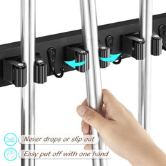 2-Pack Black Wall Mount Mop Broom Organizer with 4 Slots and 4 Hooks