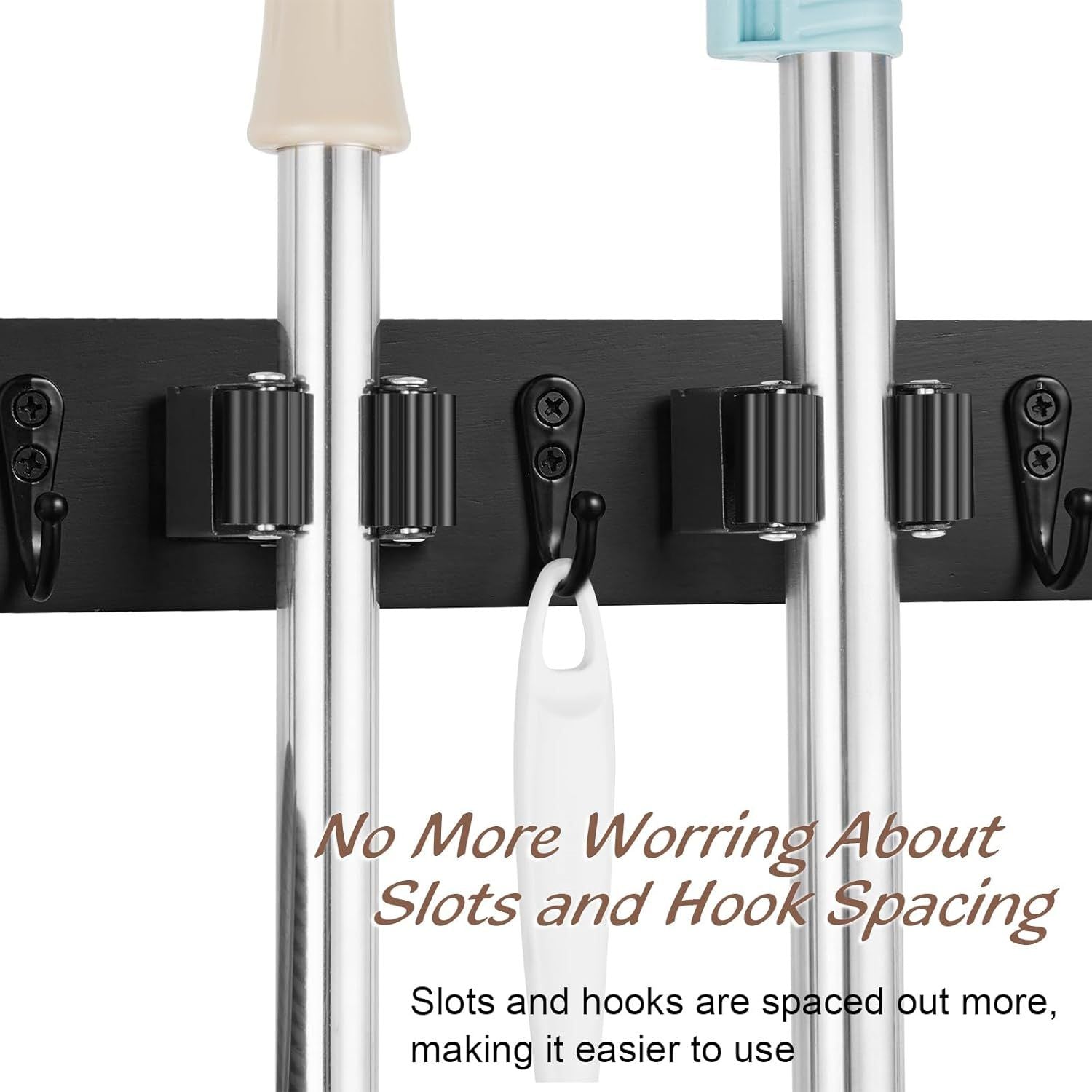 2-Pack Black Wall Mount Mop Broom Organizer with 4 Slots and 4 Hooks