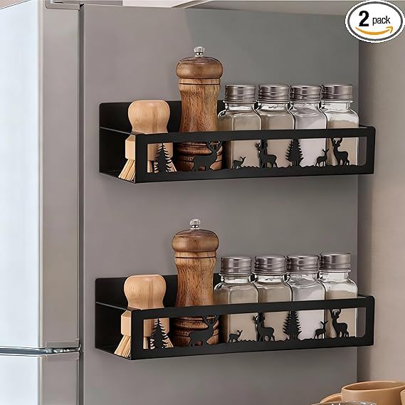 2-Pack Magnetic Spice Rack for Refrigerator – Black Hanging Organizer Baskets