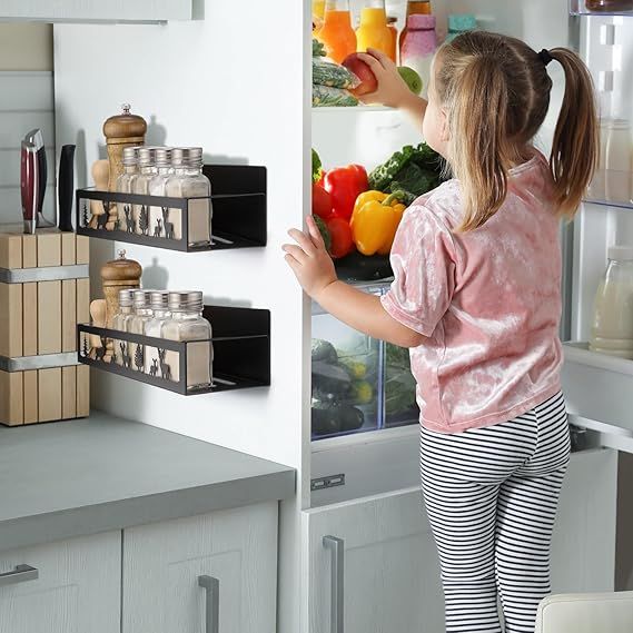 2-Pack Magnetic Spice Rack for Refrigerator – Black Hanging Organizer Baskets
