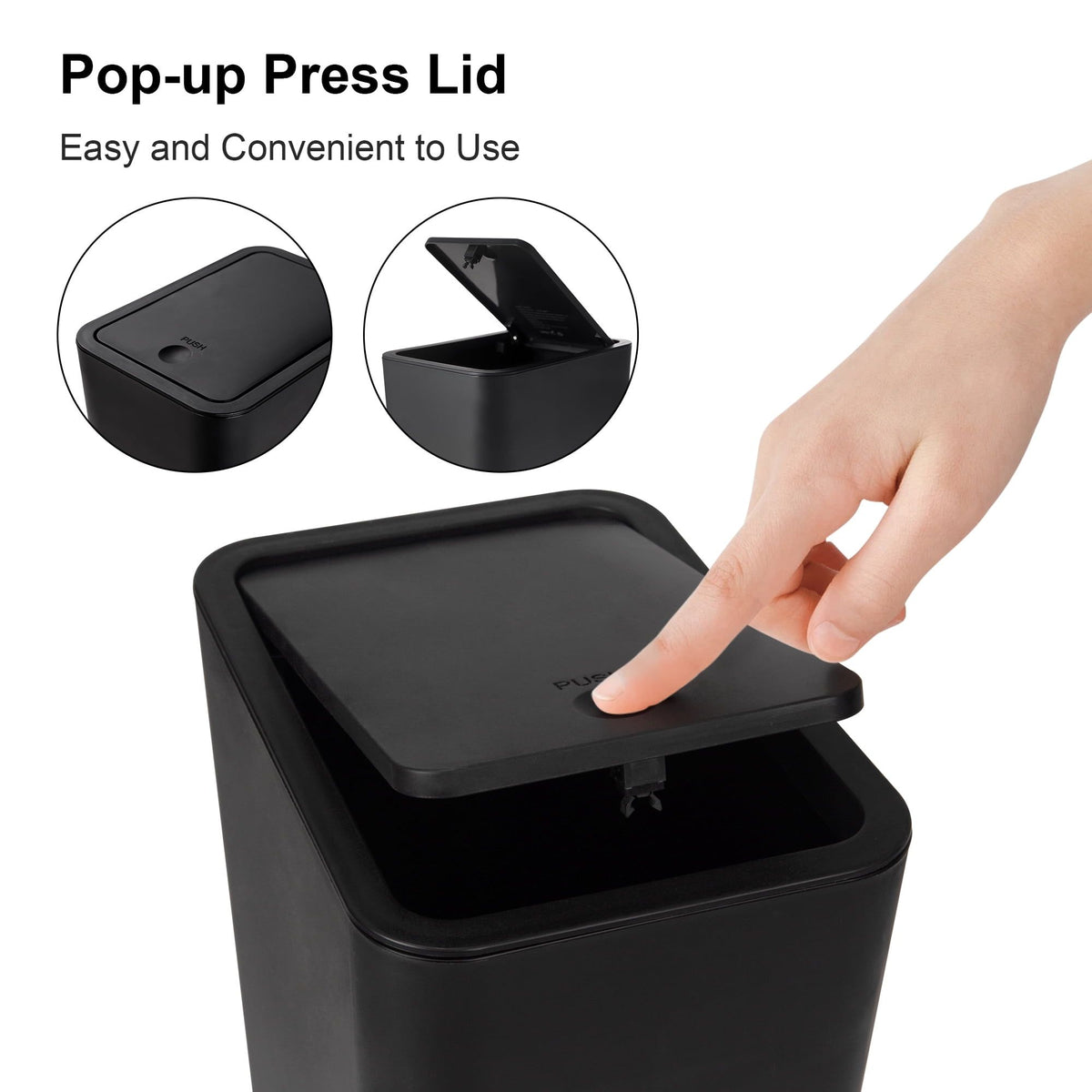 Modern Black Press-Top Wastebaskets, Set of Two