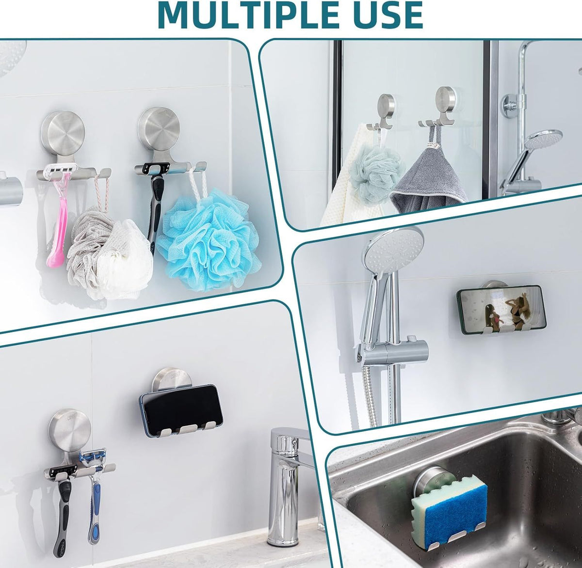 Polished Silver Suction Razor Hooks, Set of Two
