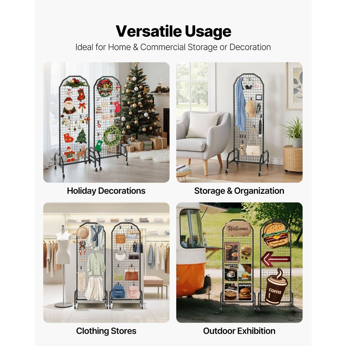 Mobile Grid Wall Display Panels with Hooks and Casters