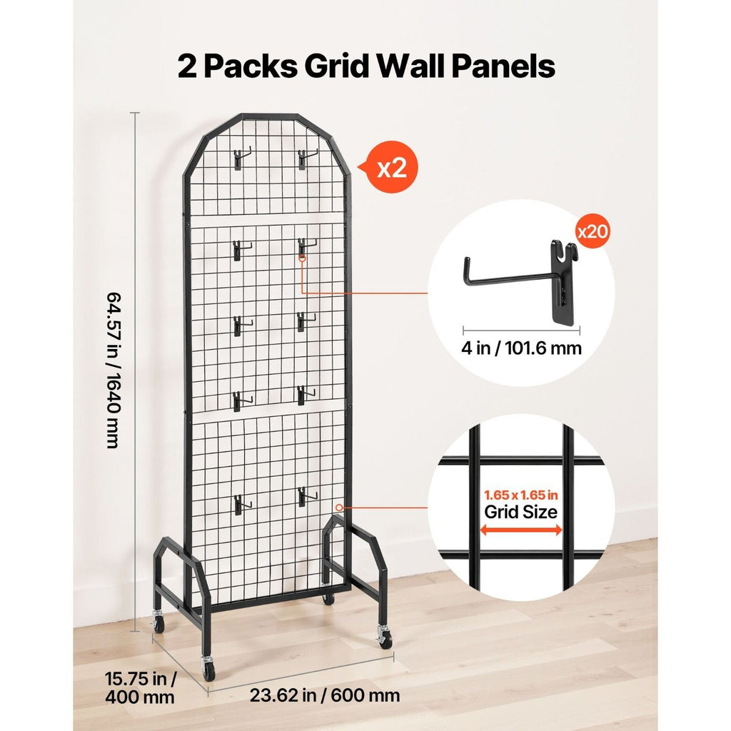Mobile Grid Wall Display Panels with Hooks and Casters