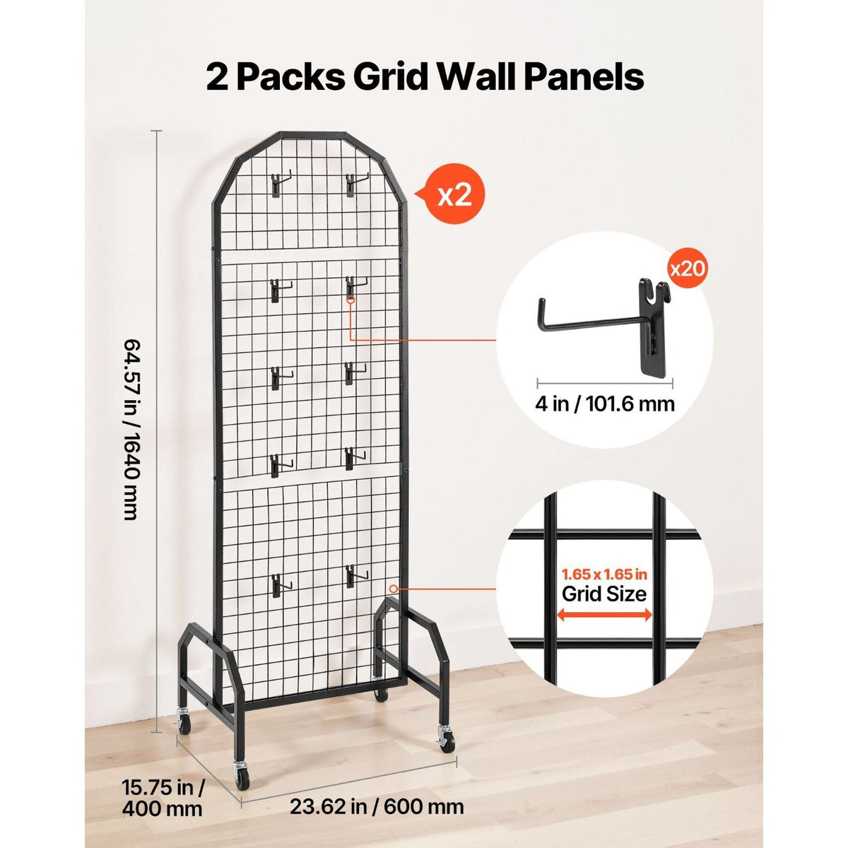 Mobile Grid Wall Display Panels with Hooks and Casters