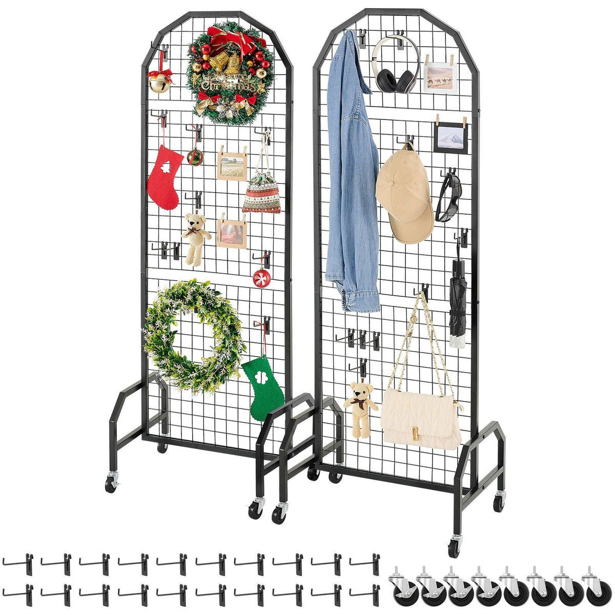 Mobile Grid Wall Display Panels with Hooks and Casters