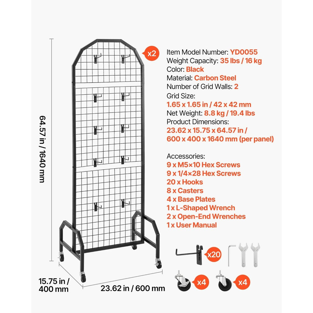 Mobile Grid Wall Display Panels with Hooks and Casters