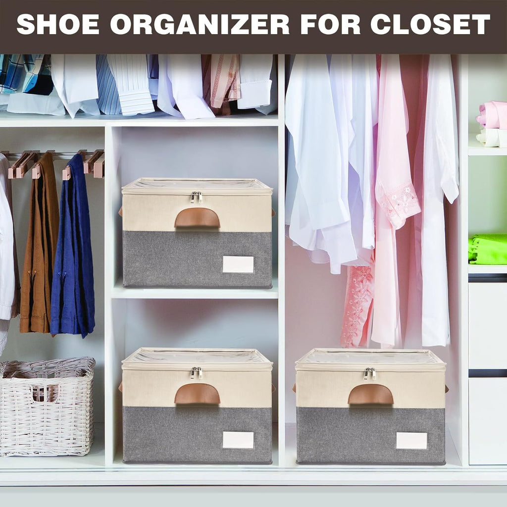 2 Pack Shoe Organizer for Closet, Adjustable Shoe Box Storage Containers, Large Foldable Shoe Bins w