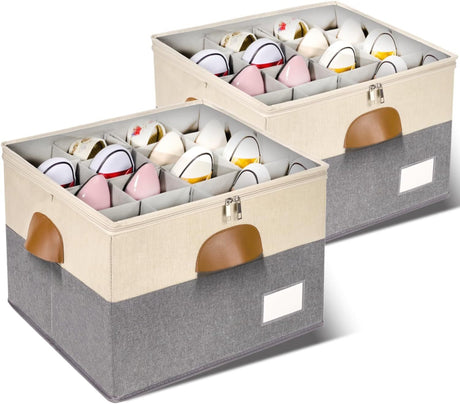 2 Pack Shoe Organizer for Closet, Adjustable Shoe Box Storage Containers, Large Foldable Shoe Bins w