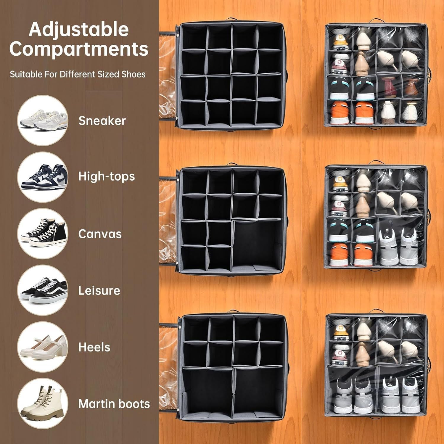 2 Pack Shoe Organizer for Closet,Fits up to 32 Pairs,Adjustable Dividers for Shoe Storage,Fabric Sho