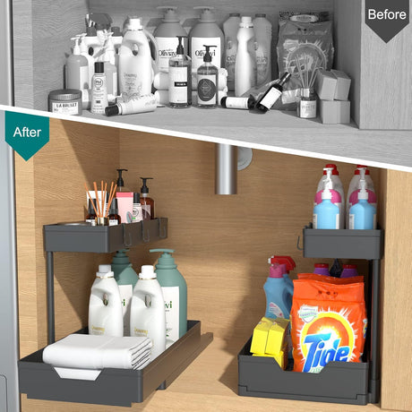 Two-Pack Two-Tier Under Sink Organizers with Sliding Shelves and Hooks