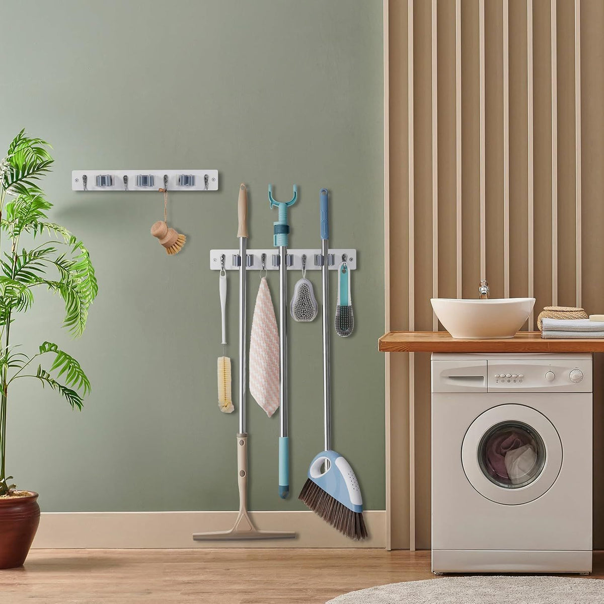2 Pack White Wall Mount Broom Holder with 3 Slots & 4 Hooks - Rustic Wood Organizer