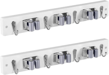 2 Pack White Wall Mount Broom Holder with 3 Slots & 4 Hooks - Rustic Wood Organizer