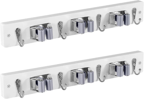 2 Pack White Wall Mount Broom Holder with 3 Slots & 4 Hooks - Rustic Wood Organizer